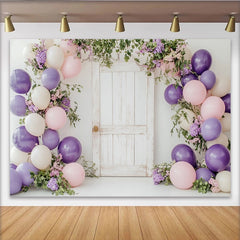 Lofaris Rustic White Door Floral Balloon Birthday Backdrop, Purple Pink Cream Party Decor for Photoshoot