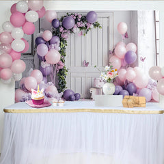 Lofaris Pink Purple Balloon Birthday Backdrop with Floral Arch and Butterflies, Elegant Photo Background for Girl Party Decoration