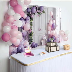 Lofaris Pink Purple Balloon Birthday Backdrop with Floral Arch and Butterflies, Elegant Photo Background for Girl Party Decoration
