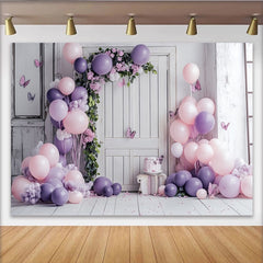Lofaris Pink Purple Balloon Birthday Backdrop with Floral Arch and Butterflies, Elegant Photo Background for Girl Party Decoration