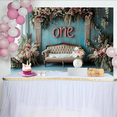 Lofaris Rustic Blue One 1st Birthday Backdrop with Pink Floral and Sofa, Elegant Vintage Photography Background for Baby Photoshoot