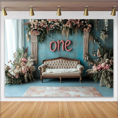 Lofaris Rustic Blue One 1st Birthday Backdrop with Pink Floral and Sofa, Elegant Vintage Photography Background for Baby Photoshoot