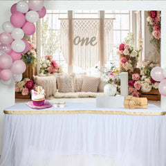 Lofaris Pink and White Floral Boho 1st Birthday Backdrop, Elegant Photography Background for Cake Smash Party Decor