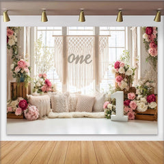Lofaris Pink and White Floral Boho 1st Birthday Backdrop, Elegant Photography Background for Cake Smash Party Decor