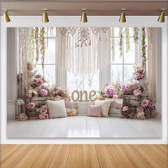 Lofaris Boho Floral First Birthday Backdrop with Macrame and Roses, Elegant Party Decor for Baby Photoshoot