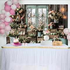 Lofaris Rustic Wood Easter Backdrop with Pastel Flowers and Eggs, Mint Green Window Photography Background for Spring