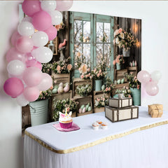 Lofaris Rustic Wood Easter Backdrop with Pastel Flowers and Eggs, Mint Green Window Photography Background for Spring
