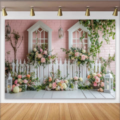 Lofaris Pink Brick Wall Floral Garden Photography Backdrop with White Windows and Roses, Elegant Picket Fence Scene for Studio Photoshoot