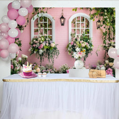 Lofaris Pink Floral Window Photography Backdrop with Hanging Lanterns, Elegant Garden Wall Decor for Professional Portrait