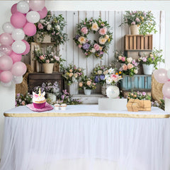 Lofaris Rustic Floral Photography Backdrop with Pastel Flowers and White Wood Wall, Elegant Studio Background for Spring Photoshoot
