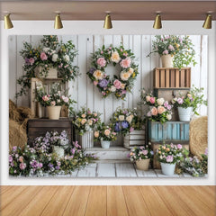 Lofaris Rustic Floral Photography Backdrop with Pastel Flowers and White Wood Wall, Elegant Studio Background for Spring Photoshoot