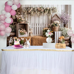 Lofaris Rustic Spring Easter Photography Backdrop with White Rabbit and Flowers, Charming Farmhouse Studio Background for Portraits