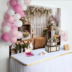 Lofaris Rustic Spring Easter Photography Backdrop with White Rabbit and Flowers, Charming Farmhouse Studio Background for Portraits
