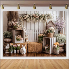Lofaris Rustic Spring Easter Photography Backdrop with White Rabbit and Flowers, Charming Farmhouse Studio Background for Portraits
