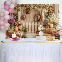Lofaris Rustic Floral Easter Photography Backdrop with White Picket Fence, Spring Holiday Decor for Photoshoot and Party