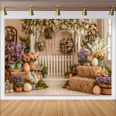 Lofaris Rustic Floral Easter Photography Backdrop with White Picket Fence, Spring Holiday Decor for Photoshoot and Party