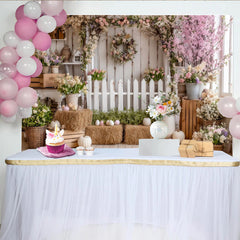 Lofaris Rustic White Picket Fence Easter Photography Backdrop with Pink Cherry Blossoms and Spring Flowers, Studio Background for Portraits