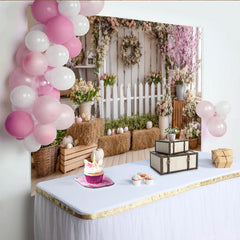 Lofaris Rustic White Picket Fence Easter Photography Backdrop with Pink Cherry Blossoms and Spring Flowers, Studio Background for Portraits