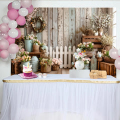 Lofaris Rustic Wood Wall Spring Photography Backdrop with Pastel Flowers, White Picket Fence and Easter Eggs, Studio Photo Background