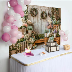 Lofaris Rustic Wooden Door Easter Backdrop with Pastel Flowers and Eggs, Elegant Spring Photography Background for Festive Holiday Decor