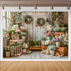 Lofaris Rustic Wooden Door Easter Backdrop with Pastel Flowers and Eggs, Elegant Spring Photography Background for Festive Holiday Decor