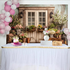 Lofaris Rustic Floral Door Photography Backdrop with Garden Flowers, Charming Wooden Wall Background for Studio Photoshoot