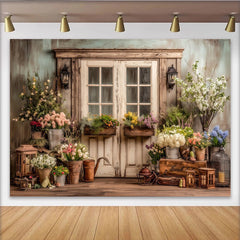 Lofaris Rustic Floral Door Photography Backdrop with Garden Flowers, Charming Wooden Wall Background for Studio Photoshoot