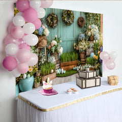 Lofaris Pastel Easter Backdrop with Spring Flowers and Eggs, Rustic Wood Wall Photography Background for Holiday Party