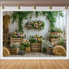 Lofaris Rustic Floral Photography Backdrop with White Wood Wall, Lush Vines and Hay Bales, Elegant Garden Photo Background for Studio Portrait.