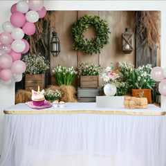 Lofaris Rustic Floral Photography Backdrop with Wooden Wall and Green Wreath, Elegant Studio Background for Spring Photoshoot