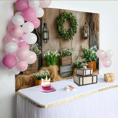 Lofaris Rustic Floral Photography Backdrop with Wooden Wall and Green Wreath, Elegant Studio Background for Spring Photoshoot