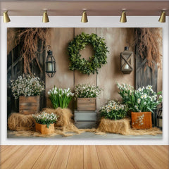 Lofaris Rustic Floral Photography Backdrop with Wooden Wall and Green Wreath, Elegant Studio Background for Spring Photoshoot