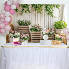 Lofaris Rustic White Wood Floral Photography Backdrop with Pink and White Flowers, Studio Background for Spring Photoshoot and Event Decor