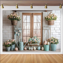 Lofaris Rustic Easter Photography Backdrop with Spring Flowers, Pastel Eggs, Farmhouse Window Background for Studio Portraits and Holiday Decor