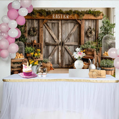 Lofaris Rustic Barn Door Easter Backdrop with Moss, Yellow Flowers and Bunny, Spring Holiday Photography Background for Studio