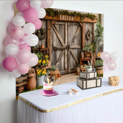 Lofaris Rustic Barn Door Easter Backdrop with Moss, Yellow Flowers and Bunny, Spring Holiday Photography Background for Studio