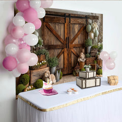 Lofaris Rustic Barn Door Easter Backdrop with Cute Bunnies and Pastel Eggs, Spring Holiday Photography Background for Party Decor