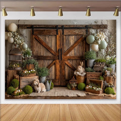 Lofaris Rustic Barn Door Easter Backdrop with Cute Bunnies and Pastel Eggs, Spring Holiday Photography Background for Party Decor