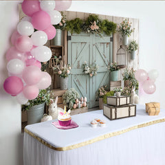 Lofaris Rustic Barn Door Easter Backdrop with Pastel Flowers and Bunnies, Spring Holiday Background for Photoshoot
