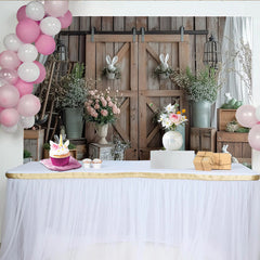 Lofaris Rustic Barn Door Easter Backdrop with Bunnies and Eggs, Spring Floral Photography Background for Farmhouse Party Decor