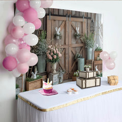 Lofaris Rustic Barn Door Easter Backdrop with Bunnies and Eggs, Spring Floral Photography Background for Farmhouse Party Decor