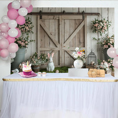 Lofaris Rustic Barn Door Easter Photography Backdrop with White Bunnies, Charming Spring Floral Studio Background for Holiday Photos