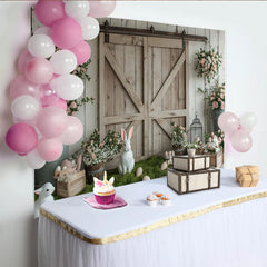 Lofaris Rustic Barn Door Easter Photography Backdrop with White Bunnies, Charming Spring Floral Studio Background for Holiday Photos