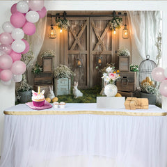 Lofaris Rustic Easter Backdrop with White Rabbits and Yellow Eggs, Spring Farmhouse Photography Background for Holiday Party