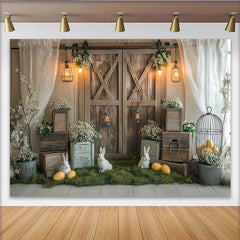 Lofaris Rustic Easter Backdrop with White Rabbits and Yellow Eggs, Spring Farmhouse Photography Background for Holiday Party