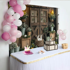 Lofaris Rustic Barn Door Easter Photography Backdrop with Bunnies and Eggs, Spring Holiday Background for Festive Photoshoots and Decor