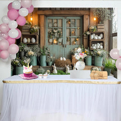 Lofaris Rustic Easter Backdrop with White Bunnies and Spring Flowers, Farmhouse Photography Background for Holiday Party Decor
