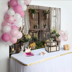Lofaris Rustic Wooden Door Easter Backdrop with Spring Flowers and Bunnies, Farmhouse Photography Background for Holiday Decor