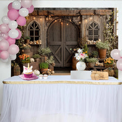 Lofaris Rustic Wooden Barn Photography Backdrop with Arched Windows and String Lights, Farmhouse Style Background for Spring