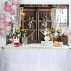 Lofaris Rustic Barn Door Easter Photography Backdrop with Bunny Wreaths and Spring Flowers, Farmhouse Style Studio Background